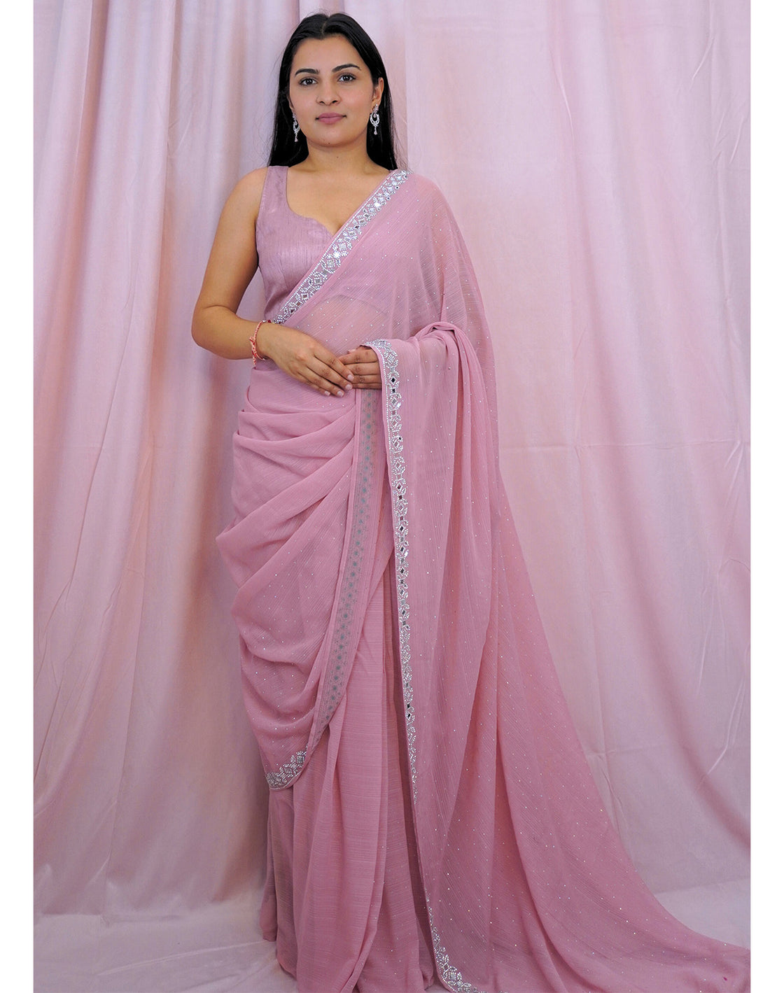 Blush pink mirror work saree.