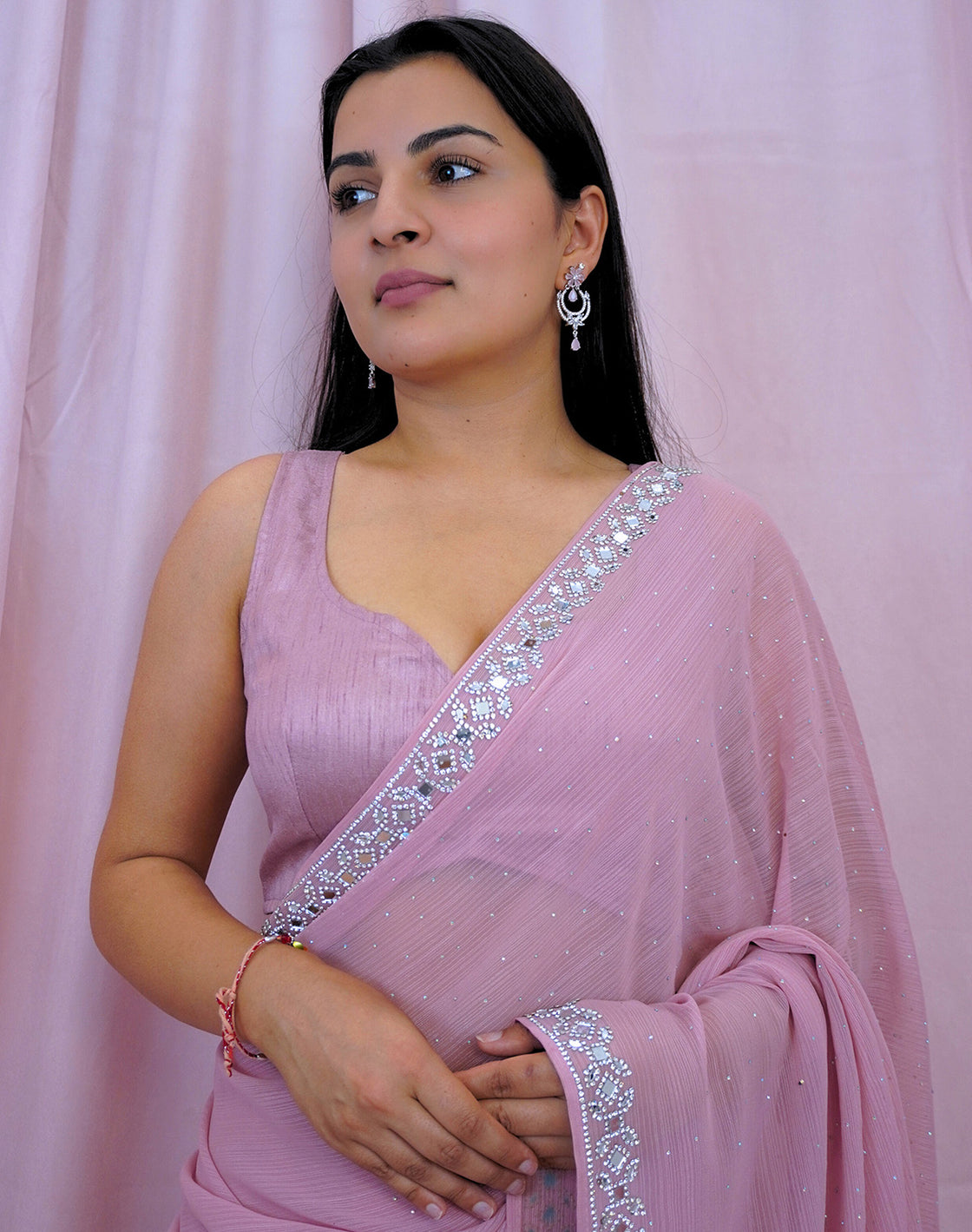 Blush pink mirror work saree.