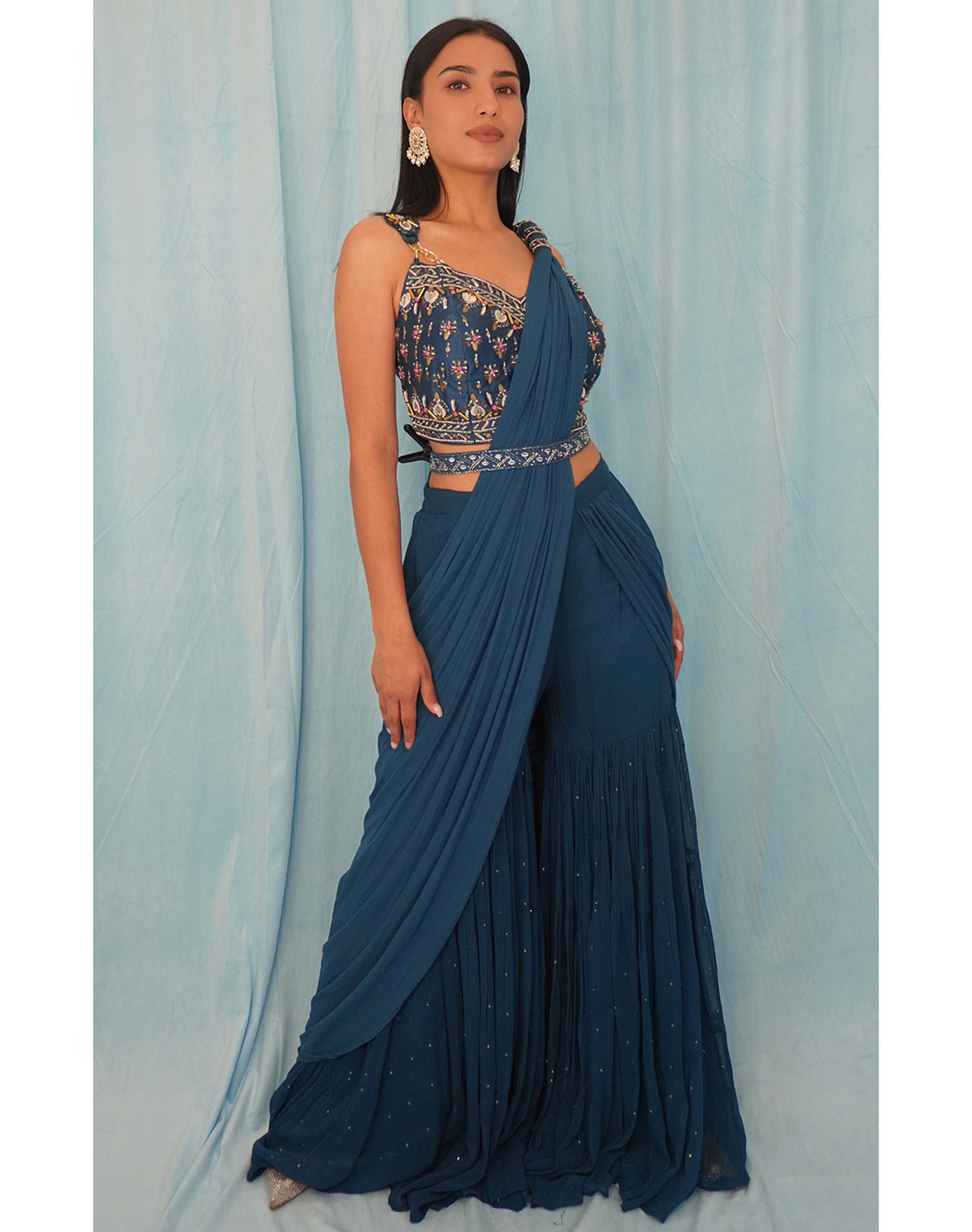 Indo Western Blue Saree Set